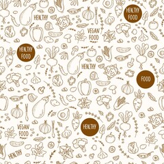 Seamless pattern with vegetables. Linear hand doodles of healthy, vegan food, vegetables, fruit, root and plant spices on white background. Vector illustration for design, decor, wallpaper, packaging