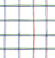 Hand penciled drawn seamless pattern. Green red and blue mesh. White endless background