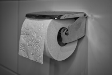 Toilet paper holder with toilet paper in black white
