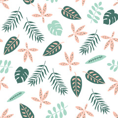 Jungle leaves pattern. Botany tropical leaves seamless pattern. Green and pink jungle plants wallpaper. Nature summer background. Jungle vector illustration. Hand drawn leaves