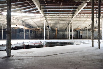 Abandoned shopping mall. Dark urban environment. Large scary place. destruction
