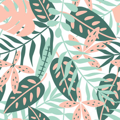 Dschungel verlässt Muster. Nahtloses Muster der großen tropischen Blätter. Tapete mit grünen und rosa Dschungelpflanzen. Natur Sommer Hintergrund. Grafische Illustration des Dschungels. Handgezeichnete Textur.