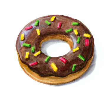 Donut with chocolate icing and colorful sprinkles. Watercolor drawing