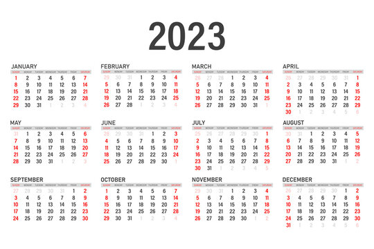 Calendar for 2023 on a white background. Monthly calendar for 2023. The week starts on Sunday.