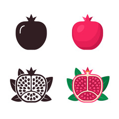Pomegranate vector icon set isolated on white background. Whole and cut Pomegranate flat icon