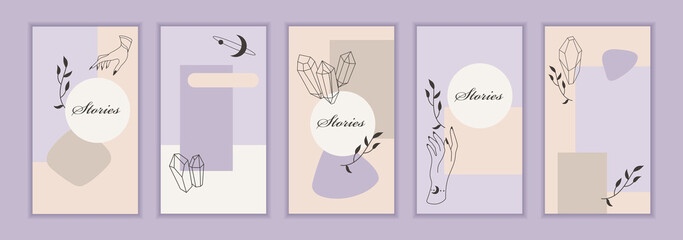 Social media templates. Hands, crystals, frame. Magic line drawings. Set of abstract  templates for banners, posters, stories, covers, cards, flyers. Vector illustration. EPS 10
