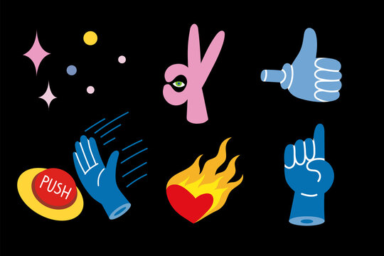 Set of colored Vector illustartions in Cartoon Flat design: hand gestures, burning heart.