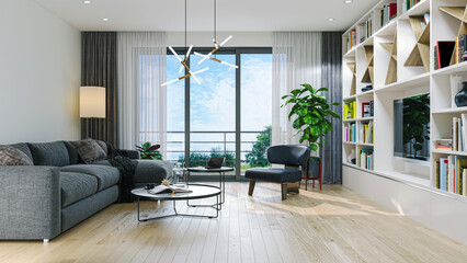 Illustration 3D rendering large luxury modern bright interiors Living room mockup computer digitally generated image