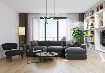 Illustration 3D rendering large luxury modern bright interiors Living room mockup computer digitally generated image