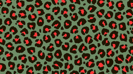 Seamless floral nature medow pattern. Fashionable wild leopard print background. Modern panther animal fabric textile print design. Stylish vector black green and red illustration