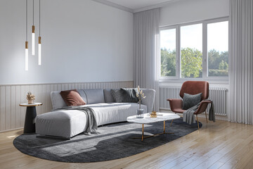 Illustration 3D rendering large luxury modern bright interiors Living room mockup computer digitally generated image