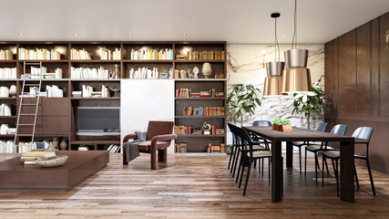 Illustration 3D rendering large luxury modern bright interiors Living room mockup computer digitally generated image