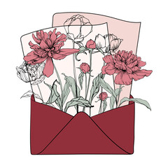 Vector floral illustration of envelope with peonies and leaves. Romantic hand-drawn illustration of bouquet for Valentine's Day and wedding, decoration of floral shop, card design.
