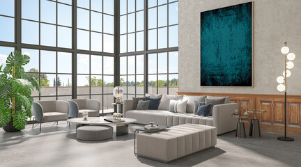 Illustration 3D rendering large luxury modern bright interiors Living room mockup computer digitally generated image