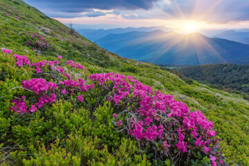 Fototapeta premium Rhododendron flowers covered mountains meadow in summer time.