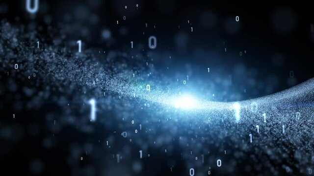 Artistic dark background with waves effect and binary numbers data motion in cyberspace space animation.