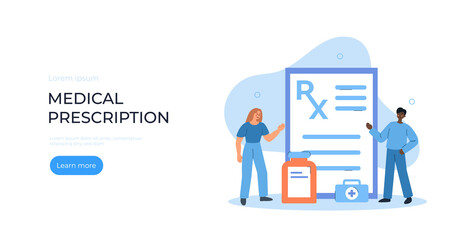 Medical prescription landing page. Character standing near medicine pills, bottle and looking at rx prescription. Man and woman around prescription