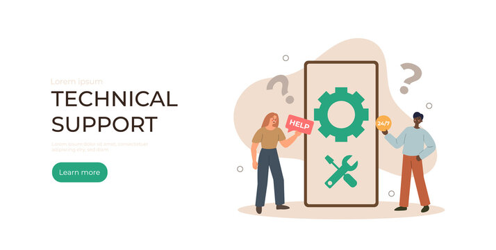 Technical suppert concept. Man and woman standing around phone. Landing page for web page