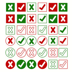 Large set of flat buttons: green and red crosses, check marks.