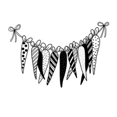 Doodle and outline in black and white line carrot banner. Hand drawn Easter garland.
