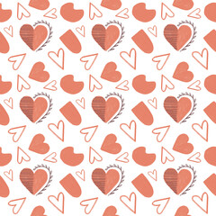 Boho style seamless pattern for Valentine`s Day. Abstract shapes compositions and hearts on white background.