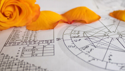 Printed astrology chart with an orange rose and rose petals in the background