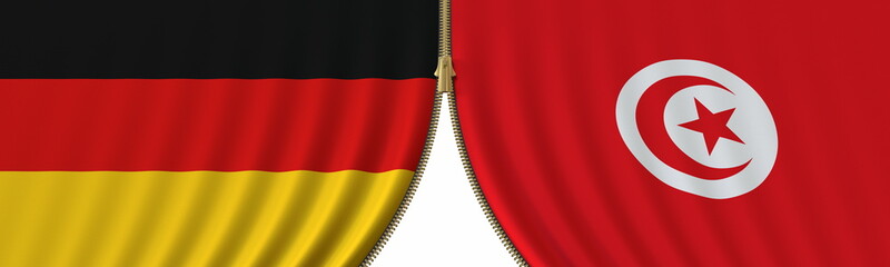 Germany and Tunisia cooperation or conflict, flags and closing or opening zipper between them. Conceptual 3D rendering