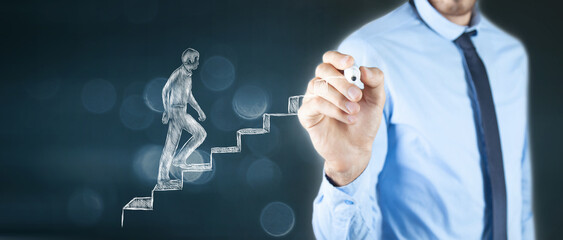 the illustrated man climbs the steps. hand-drawn. businessman draws with a marker