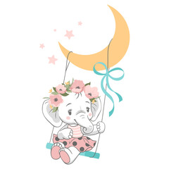 Vector illustration of a cute baby elephant with wreath of pink flowers on a swing.