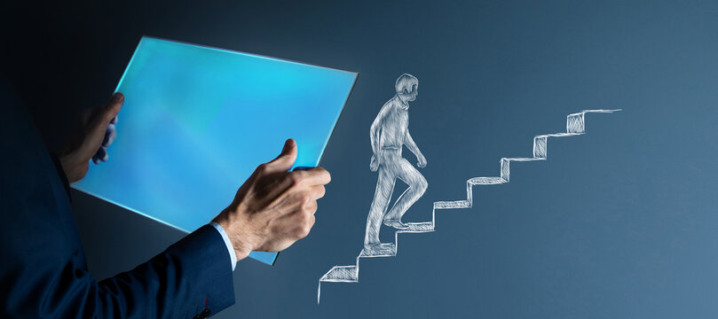 the illustrated man climbs the steps. hand-drawn. businessman holding tablet