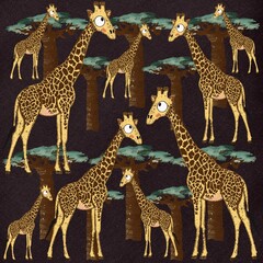 Adorable pattern with baobab and giraffe. Kids design illustration with African animals and trees. Child’s print for fabric, wallpapers, textile on black background.