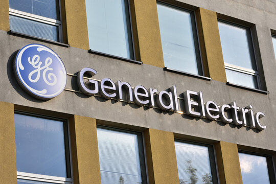 General Electric logo, emblem, symbol on the facade of General Electric Company. WARSAW, POLAND - AUGUST 21, 2021