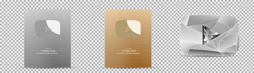 Gold, Silver and Diamond Play Button Award for the number of subscribers. Vector illustration EPS 10.