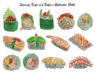 a set of japanese sushi and sashimi watercolor