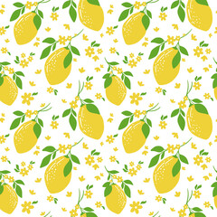 Yellow lemons with blossom and leaves Seamless pattern vector illustration,  Wallpaper textile design, Citrus background 