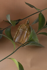 perfume bottle lies among the green leaves of the plant