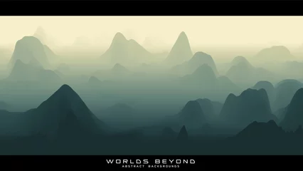 Fototapeten Abstrakte grüne Landschaft mit nebligem Nebel bis zum Horizont über Berghängen. Gradient erodierte Geländeoberfläche. Welten dahinter. © garrykillian