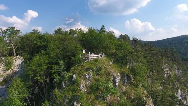Aerial view on famous Banjska stena on Drina river in Tara National Park, Serbia, 4k