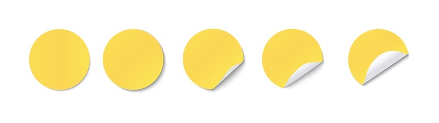Yellow paper round adhesive sticker set with a folded edges. Blank templates of a price tag. Realistic vector stickers