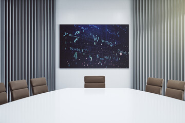 Creative scientific formula illustration on tv display in a modern presentation room, science and research concept. 3D Rendering