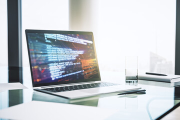 Abstract creative coding illustration on modern computer monitor, software development concept. 3D Rendering