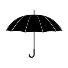 Black umbrella with long handle isolated on white background. Accessory for bad wet weather in the rainy and snowy season. Umbrella silhouette icon for apps, sites. 