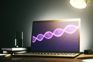 Creative concept with DNA symbol illustration on modern laptop screen. Genome research concept. 3D Rendering