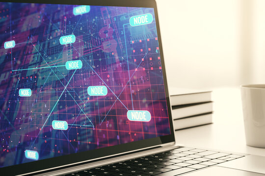 Abstract creative coding concept on modern laptop screen. 3D Rendering