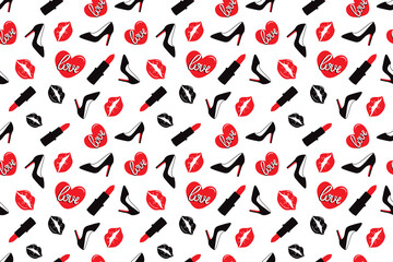 seamless background with womens shoes, lipstick, kisses. 