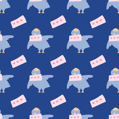 Cute bird with an envelope. Seamless patterns. Love letters. Valentine's Day wrapping paper.