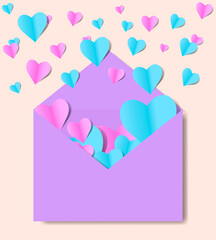 Fototapeta na wymiar A love letter for Valentine's Day with hearts flying out of the envelope. Purple envelope with blue and pink flyout hearts in paper cut style. Vector illustration in paper cut style. 