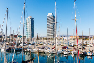 View at the towers in Port Olympic, the Olympic harbor in Barcelona, Catalonia, Spain