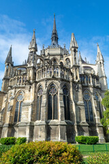 Fototapeta premium View from back side on gothic Roman Catholic cathedral church Notre-Dame in central part of old French city Reims, France