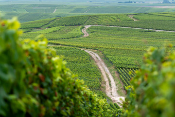 View on green pinot noir grand cru vineyards of famous champagne houses in Montagne de Reims near...